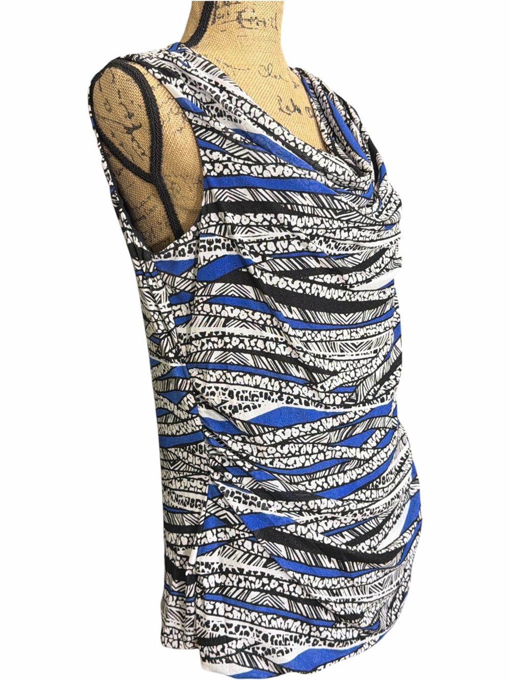 Cable & Gauge Blue, Black & White Cowl Neck Sleeveless Top EC. Size X-Large - Picture 3 of 8